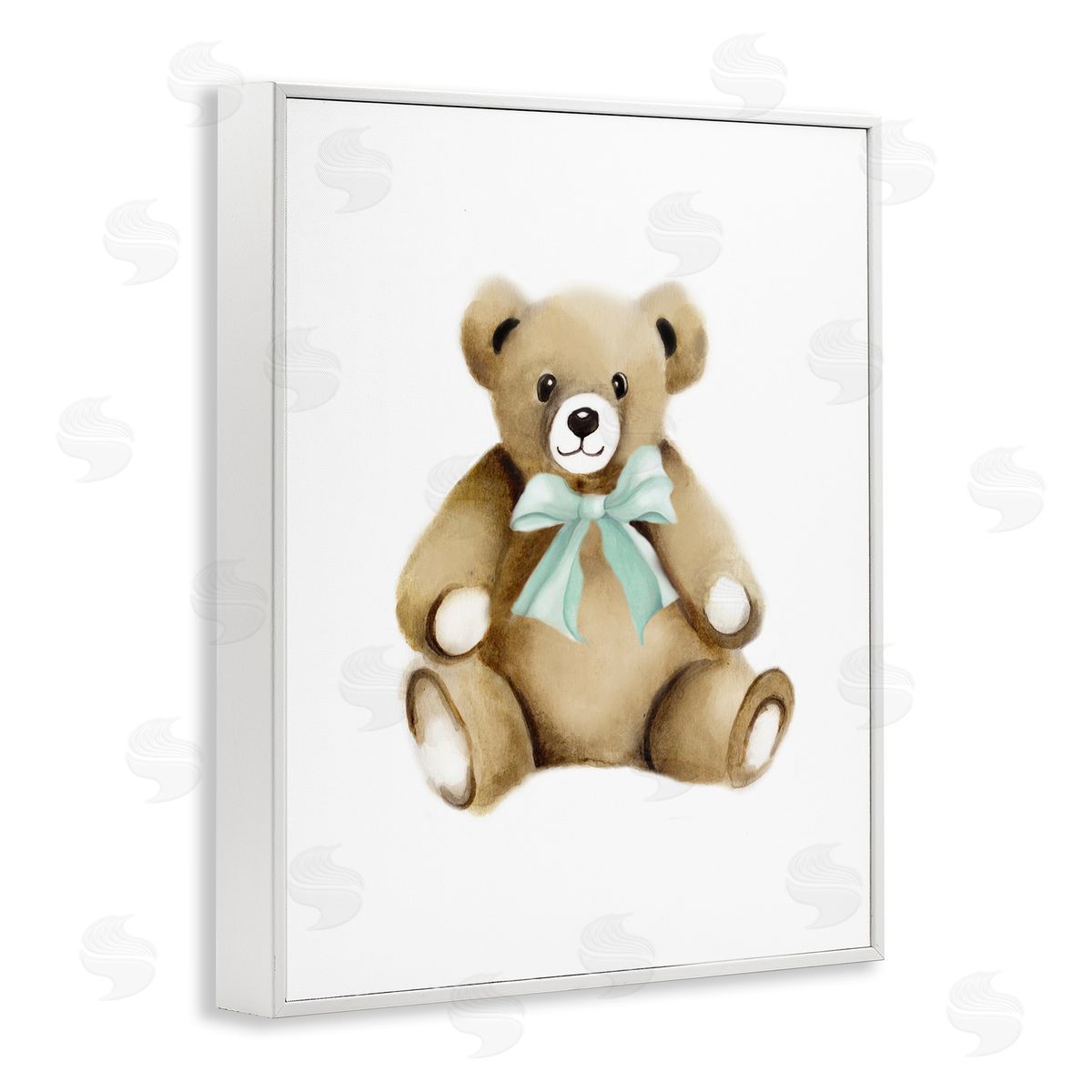 Studio Q Smiling Teddy Bear Bow Stuffed Animal Sitting White Framed Giclee Wall Art Print