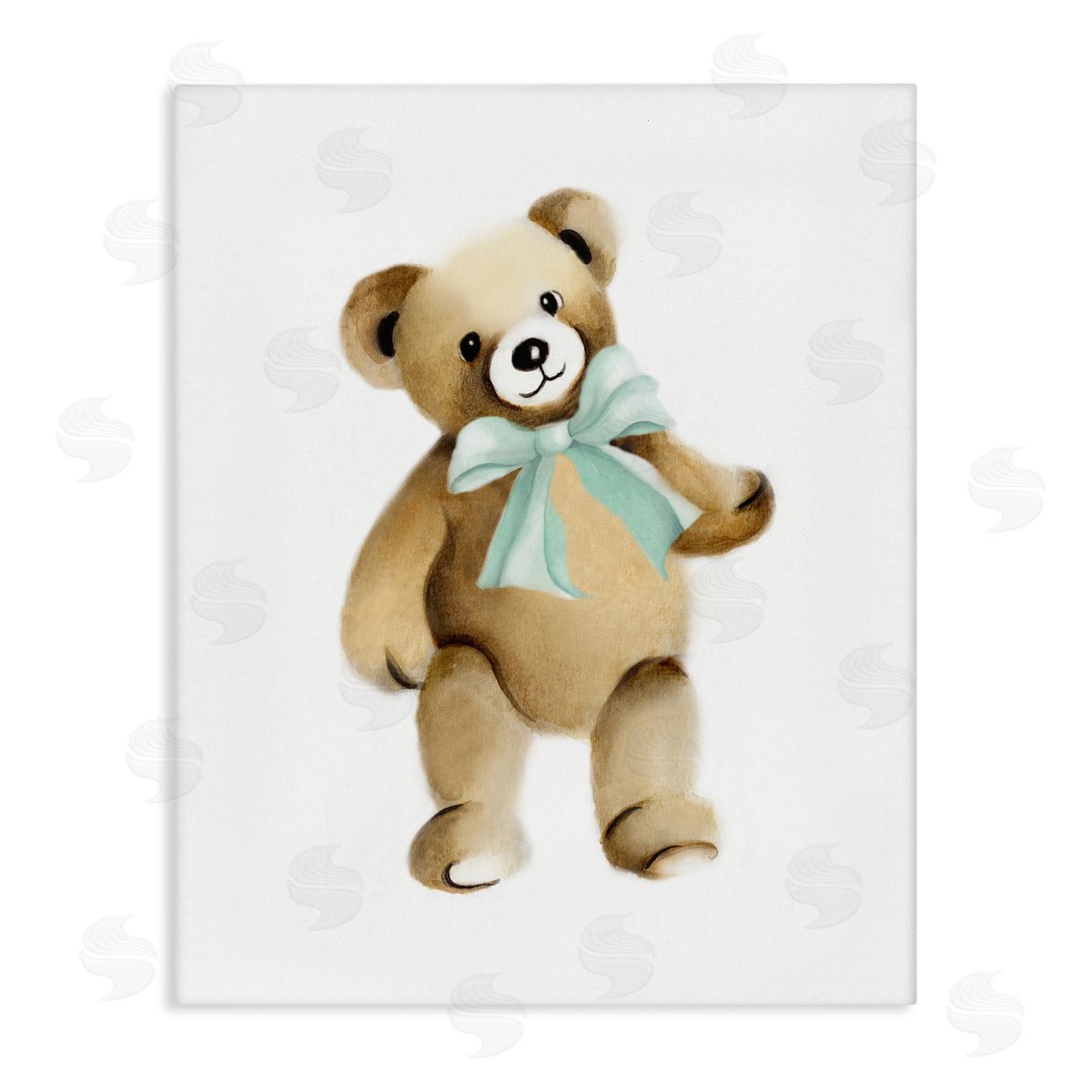 Studio Q Teddy Bear Green Bow Kids Nursery Animal  Stretched Canvas Wall Art Print