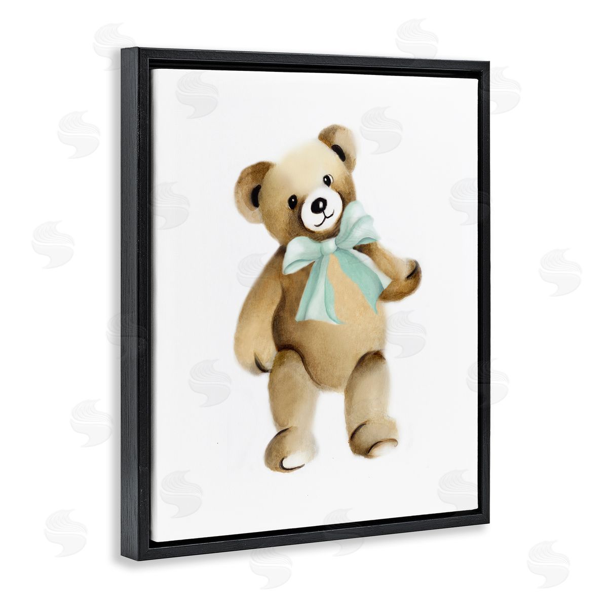 Studio Q Teddy Bear Green Bow Kids Nursery Animal  Black Floating Frame Canvas Wall Art Print