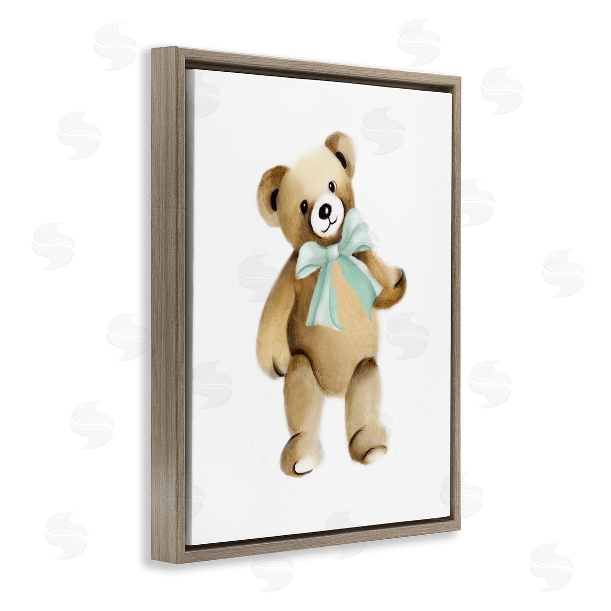 Studio Q Teddy Bear Green Bow Kids Nursery Animal  Brown Floating Frame Canvas Wall Art Print