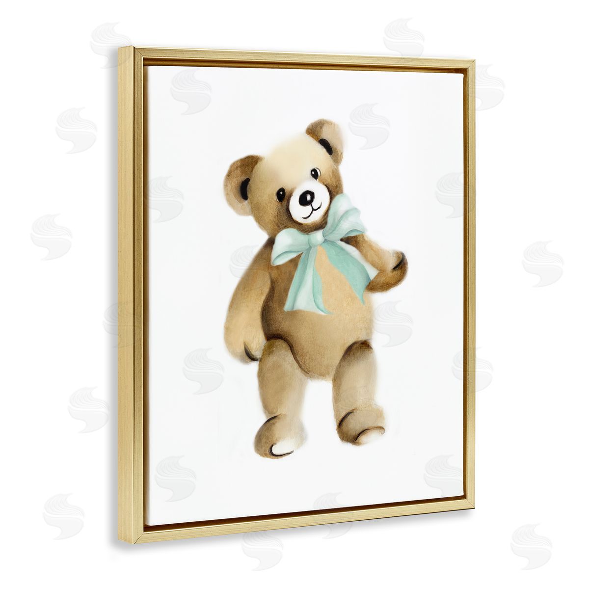 Studio Q Teddy Bear Green Bow Kids Nursery Animal  Gold Floating Frame Canvas Wall Art Print