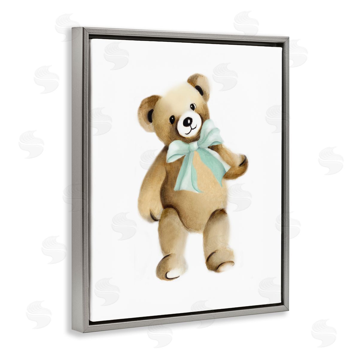 Studio Q Teddy Bear Green Bow Kids Nursery Animal  Gray Floating Frame Canvas Wall Art Print