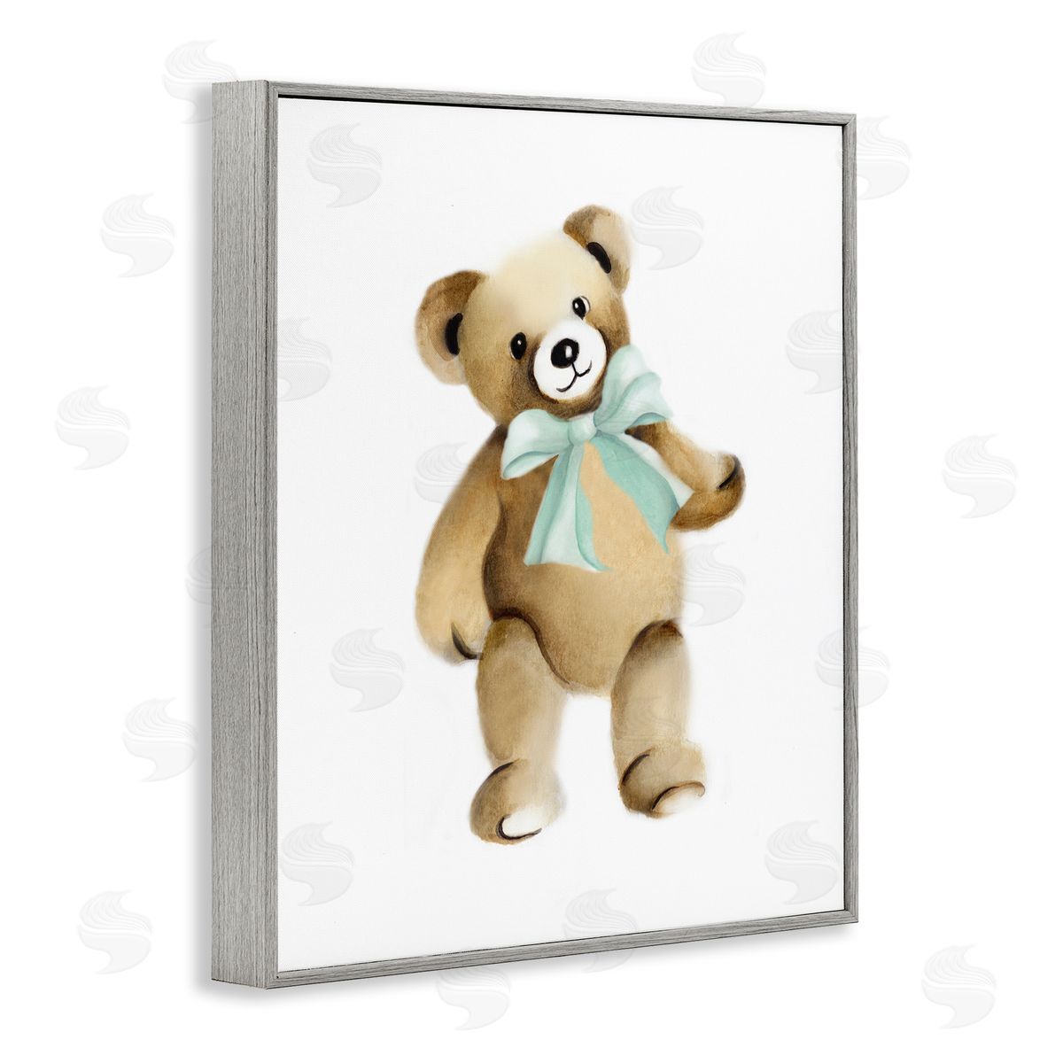 Studio Q Teddy Bear Green Bow Kids Nursery Animal  Gray Framed Giclee Wall Art Print