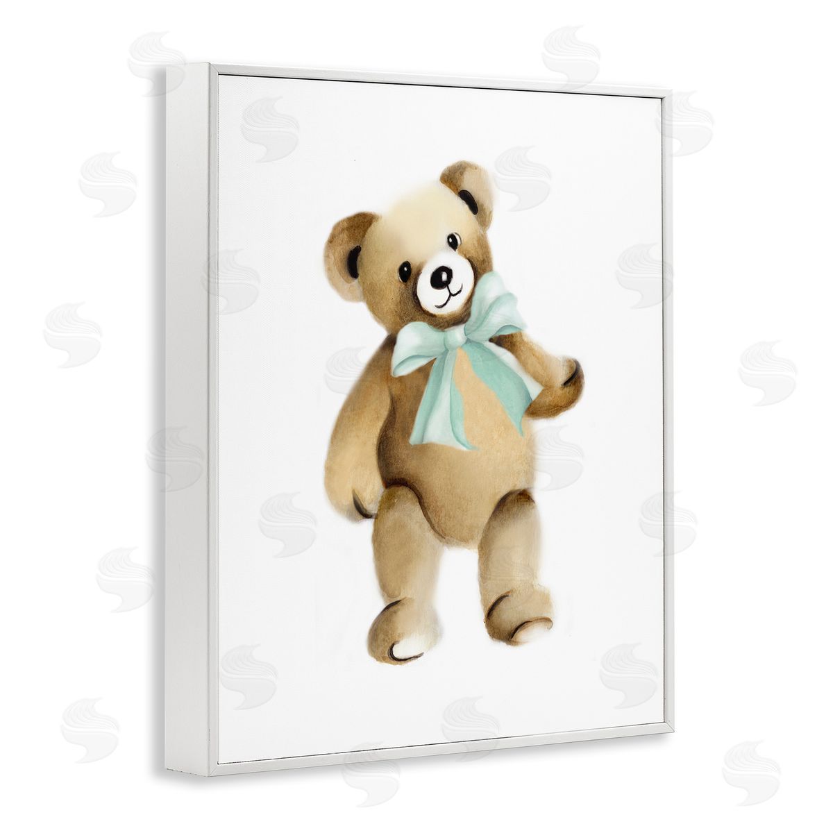 Studio Q Teddy Bear Green Bow Kids Nursery Animal  White Framed Giclee Wall Art Print