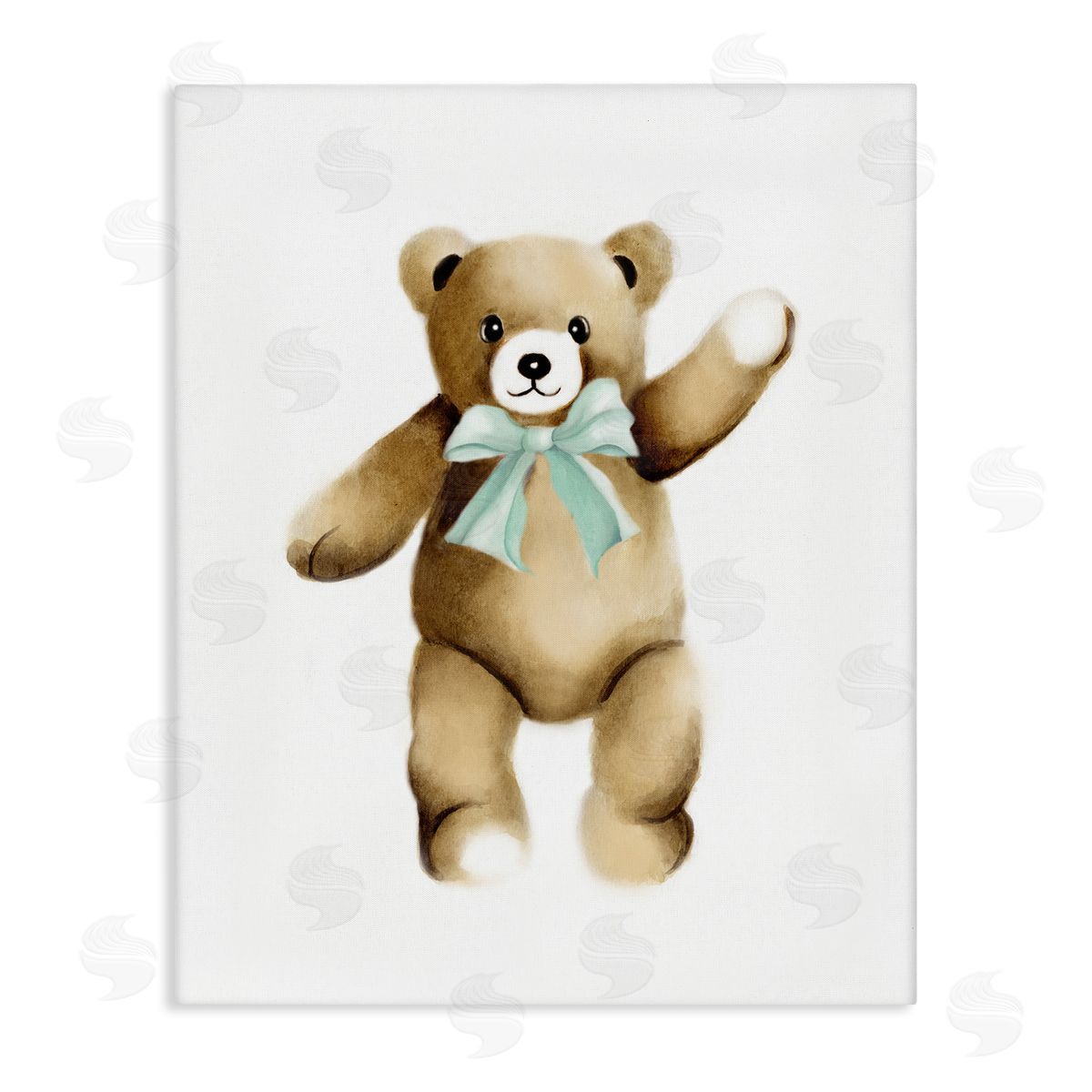 Studio Q Adorable Teddy Bear Nursery Animal Green Ribbon Stretched Canvas Wall Art Print