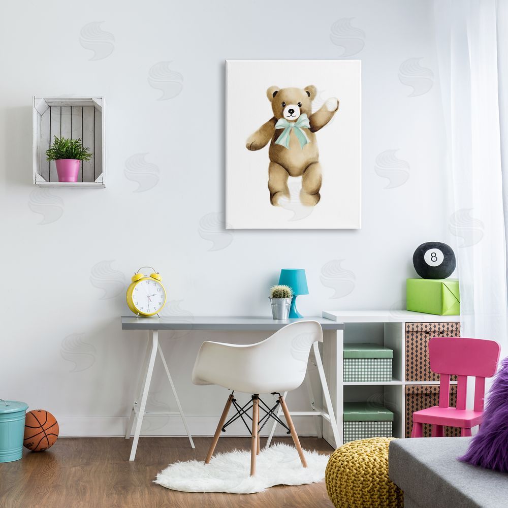 Studio Q Adorable Teddy Bear Nursery Animal Green Ribbon Canvas Wall Art Print in Room
