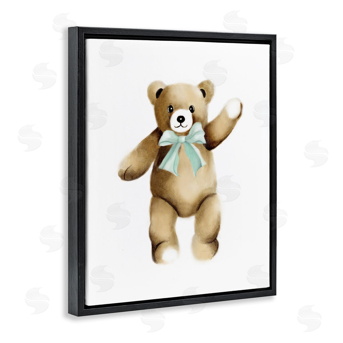 Studio Q Adorable Teddy Bear Nursery Animal Green Ribbon Black Floating Frame Canvas Wall Art Print