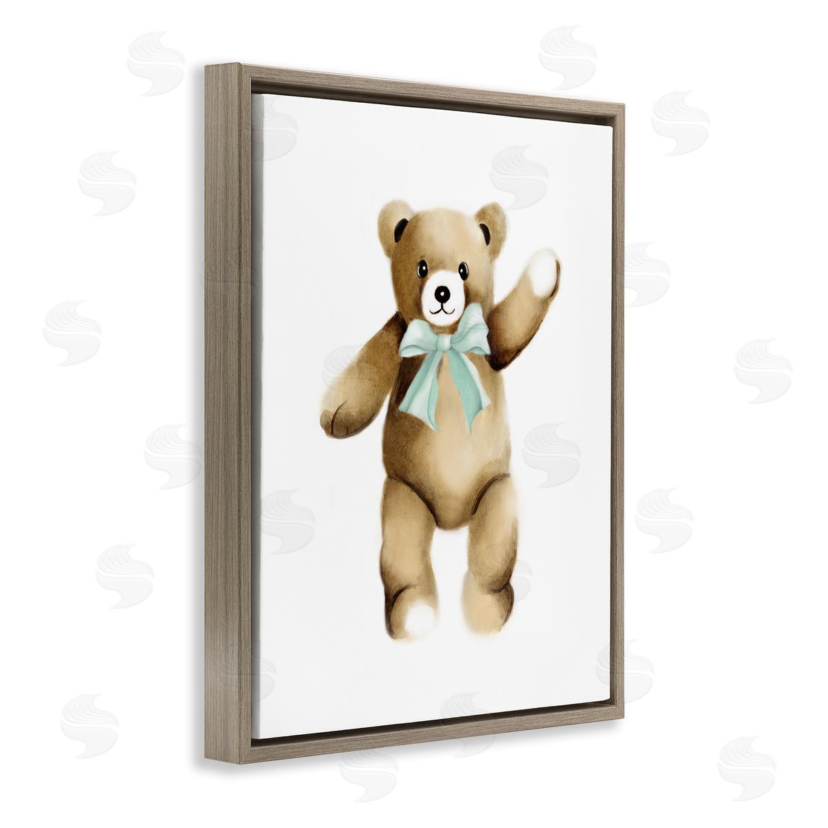 Studio Q Adorable Teddy Bear Nursery Animal Green Ribbon Brown Floating Frame Canvas Wall Art Print