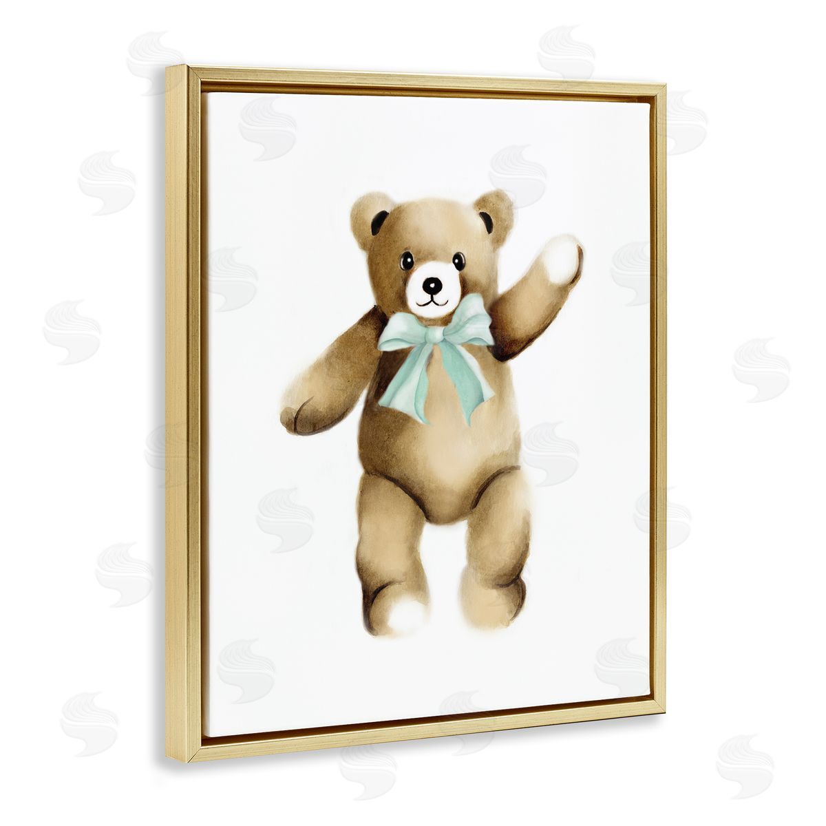 Studio Q Adorable Teddy Bear Nursery Animal Green Ribbon Gold Floating Frame Canvas Wall Art Print