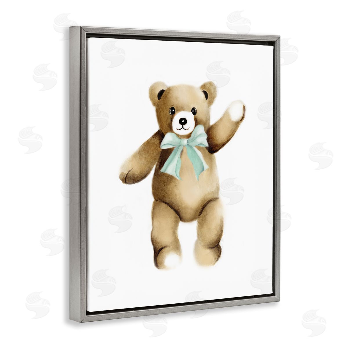 Studio Q Adorable Teddy Bear Nursery Animal Green Ribbon Gray Floating Frame Canvas Wall Art Print