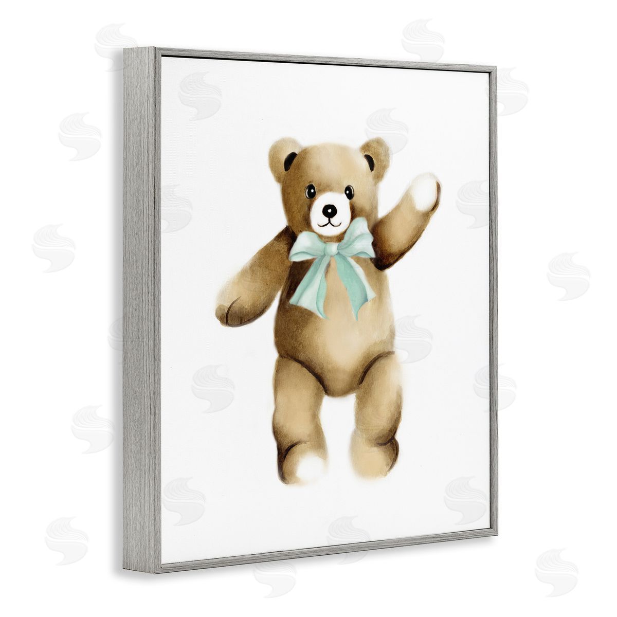 Studio Q Adorable Teddy Bear Nursery Animal Green Ribbon Gray Framed Giclee Wall Art Print