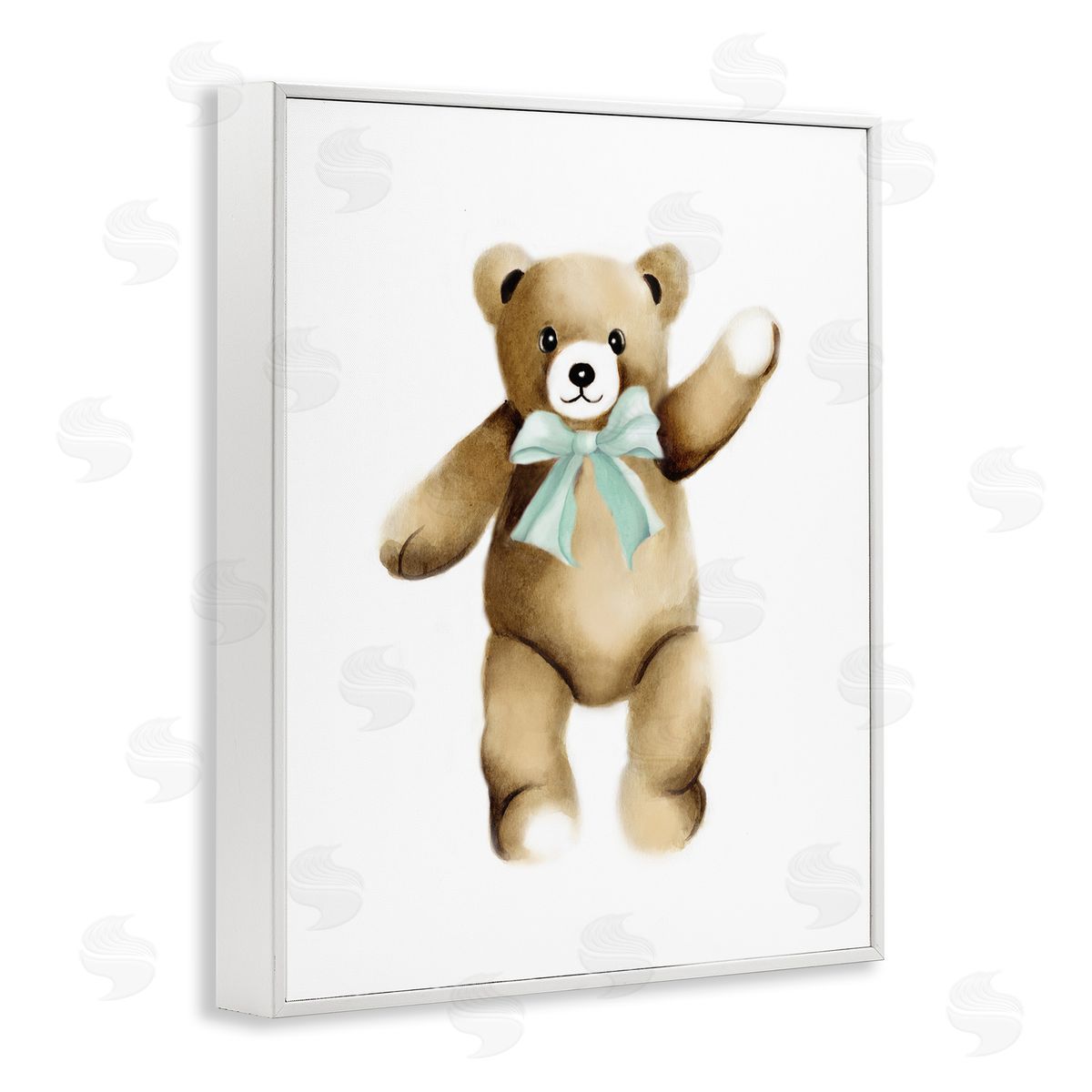 Studio Q Adorable Teddy Bear Nursery Animal Green Ribbon White Framed Giclee Wall Art Print