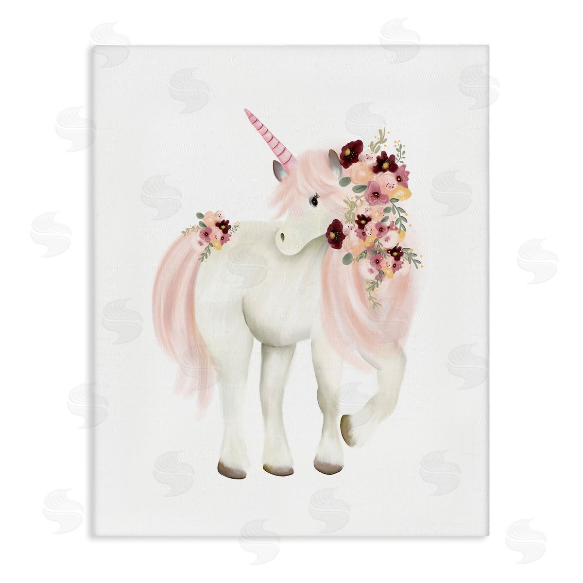 Studio Q Floral Decorated Unicorn Pink Mane Fantasy Creature  Stretched Canvas Wall Art Print