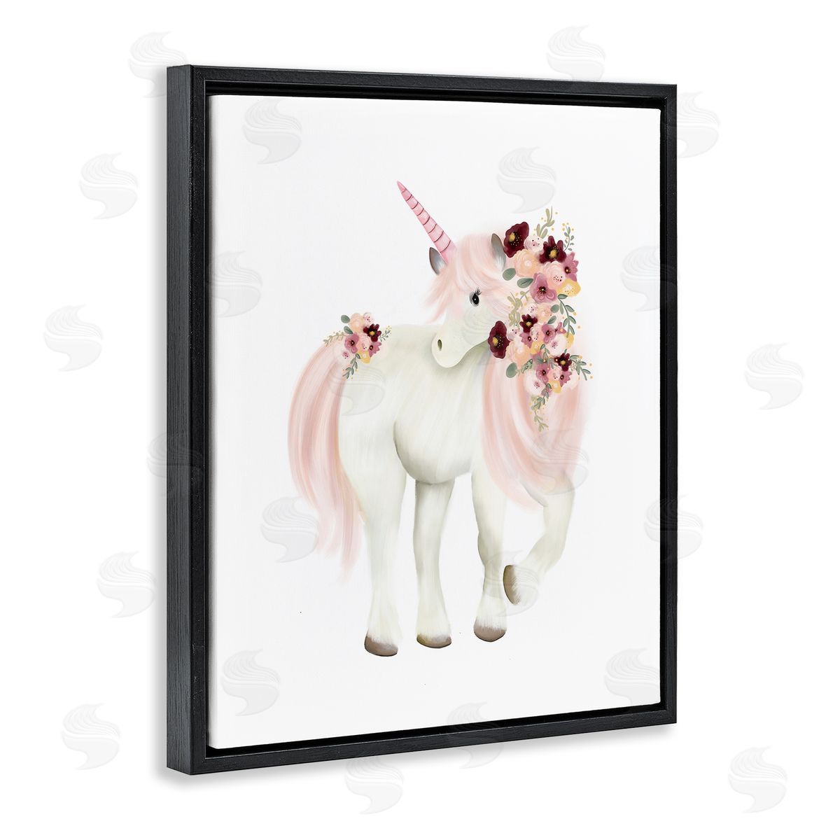 Studio Q Floral Decorated Unicorn Pink Mane Fantasy Creature  Black Floating Frame Canvas Wall Art Print