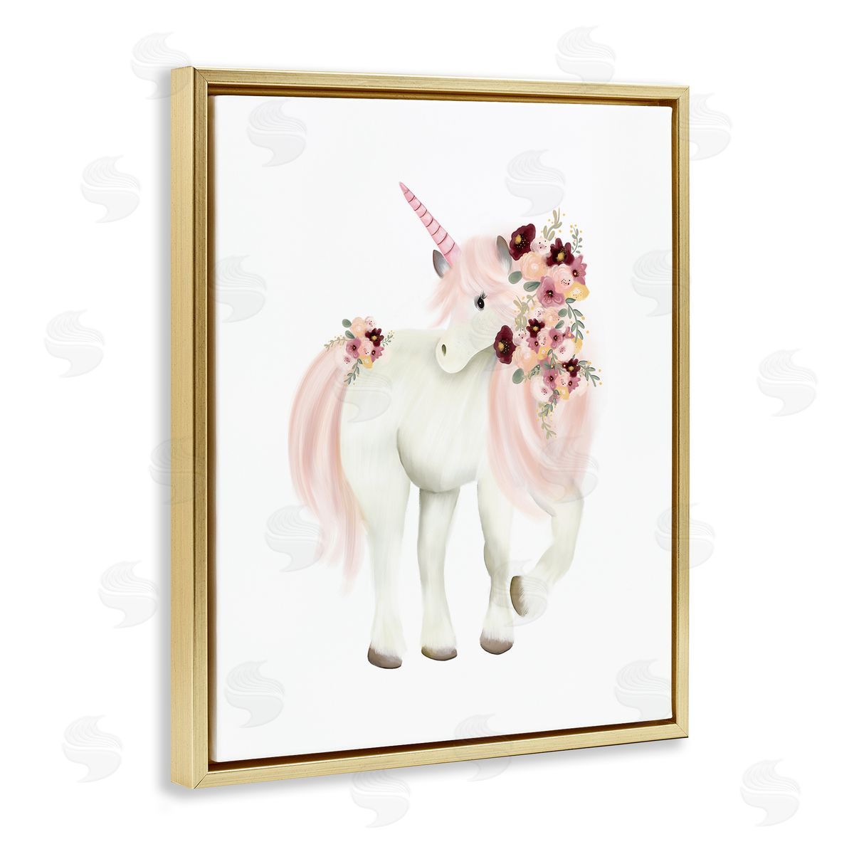Studio Q Floral Decorated Unicorn Pink Mane Fantasy Creature  Gold Floating Frame Canvas Wall Art Print