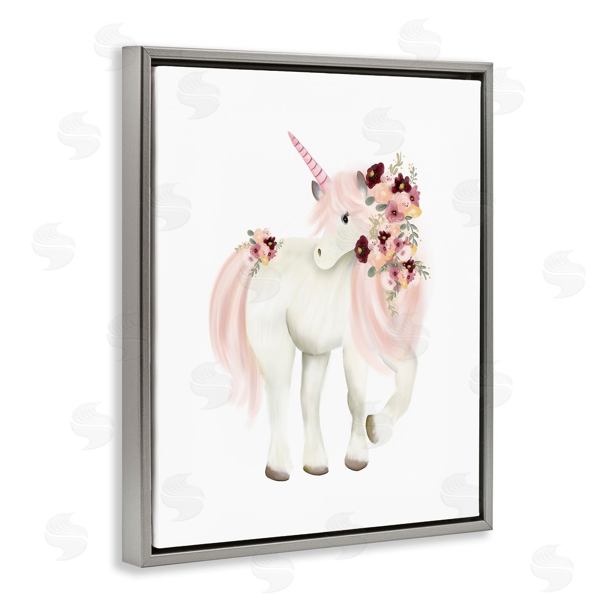Studio Q Floral Decorated Unicorn Pink Mane Fantasy Creature  Gray Floating Frame Canvas Wall Art Print