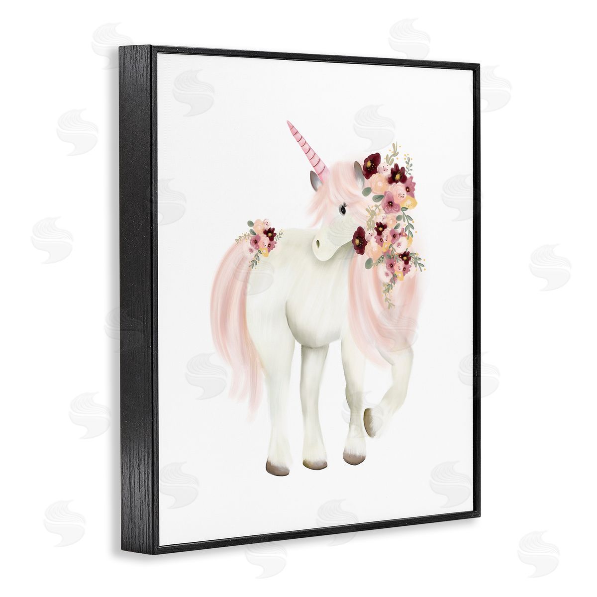 Studio Q Floral Decorated Unicorn Pink Mane Fantasy Creature  Black Framed Giclee Wall Art Print