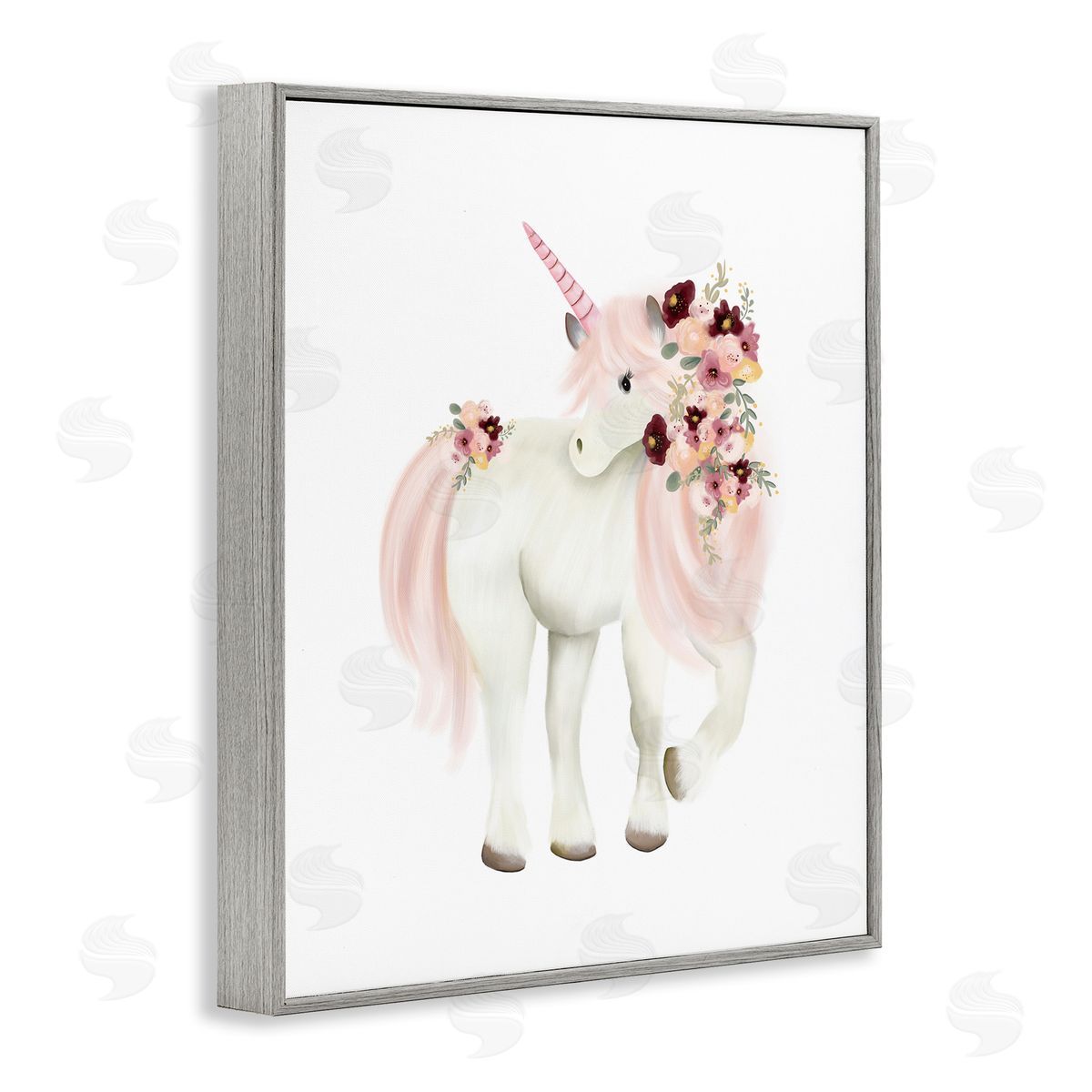 Studio Q Floral Decorated Unicorn Pink Mane Fantasy Creature  Gray Framed Giclee Wall Art Print