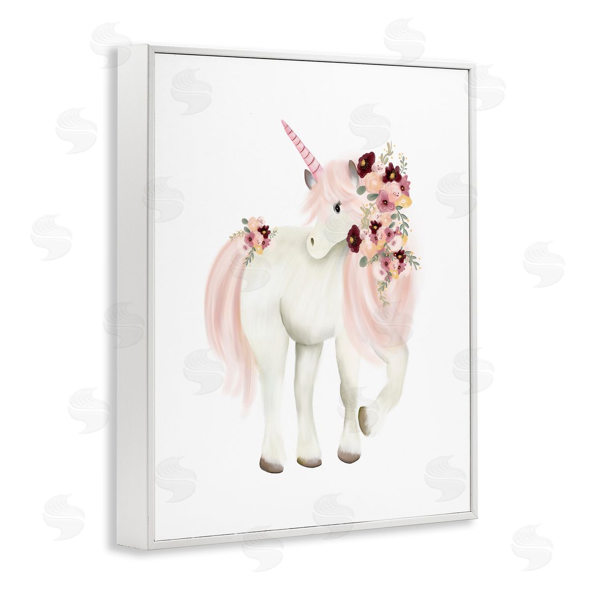 Studio Q Floral Decorated Unicorn Pink Mane Fantasy Creature  White Framed Giclee Wall Art Print