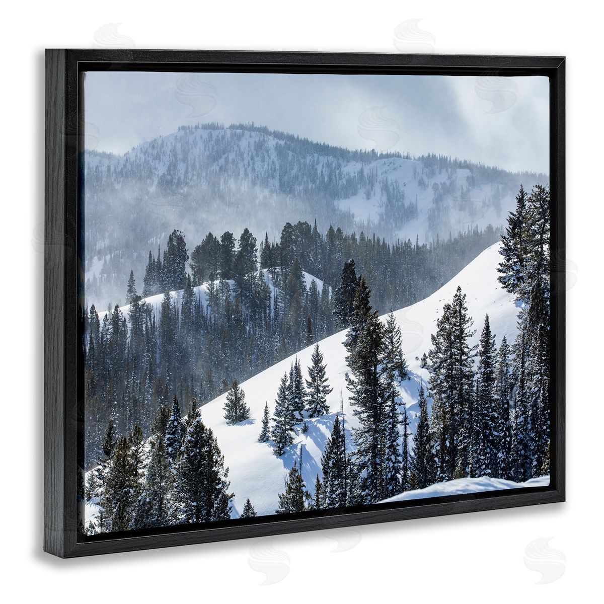 Steve Smith Quiet Snowy Mountain Slopes Scattered Fir Trees Black Floating Frame Canvas Wall Art Print