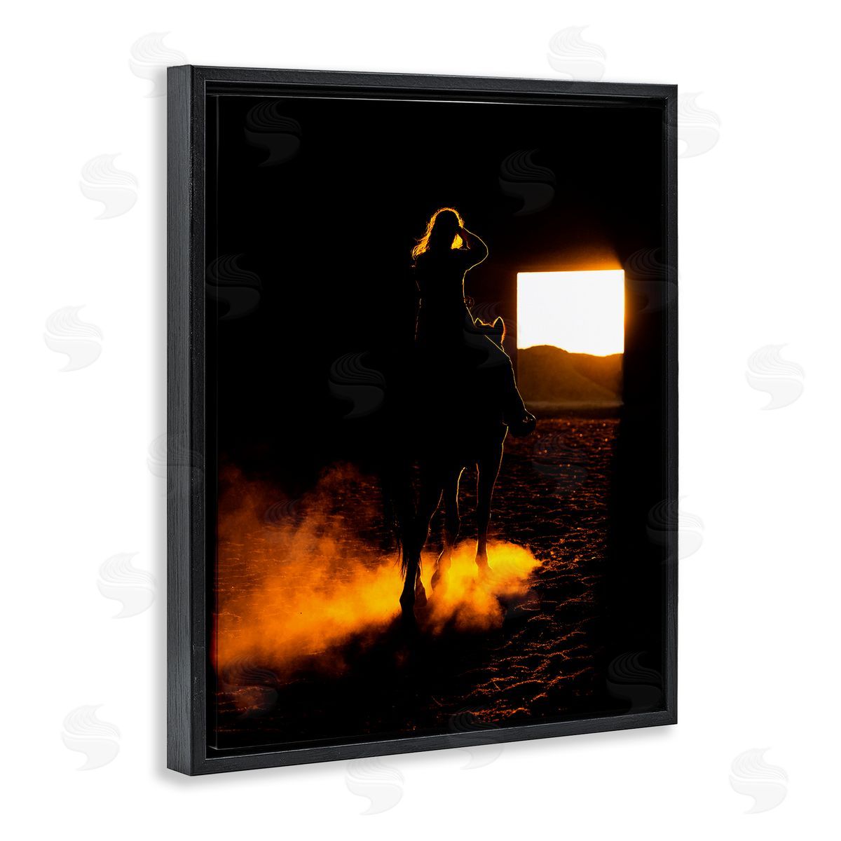 Steve Smith Equestrian Horse Jockey Silhouette Vivid Light Flare Black Floating Frame Canvas Wall Art Print