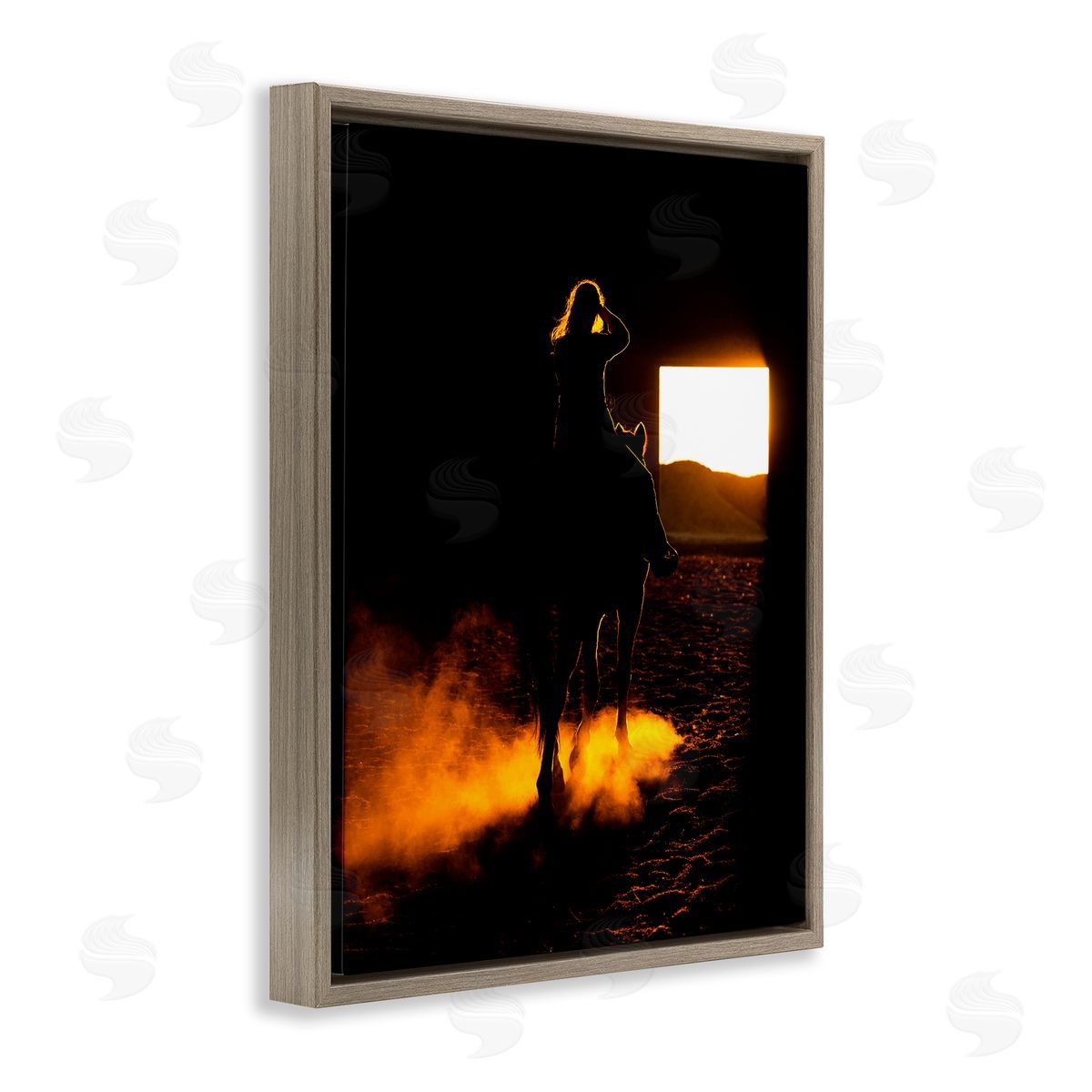 Steve Smith Equestrian Horse Jockey Silhouette Vivid Light Flare Brown Floating Frame Canvas Wall Art Print