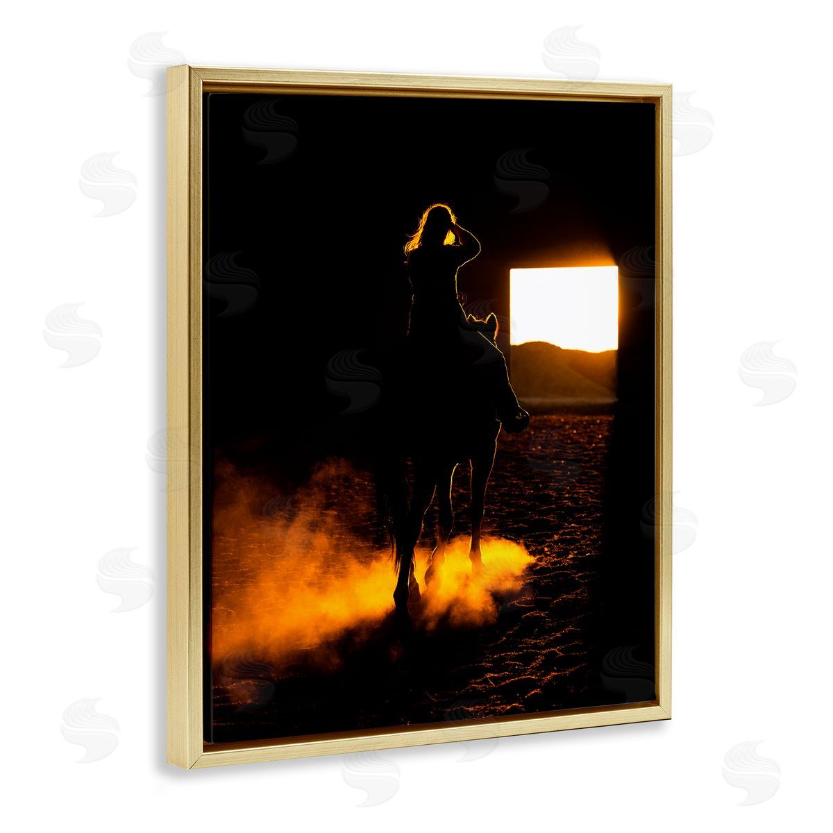 Steve Smith Equestrian Horse Jockey Silhouette Vivid Light Flare Gold Floating Frame Canvas Wall Art Print