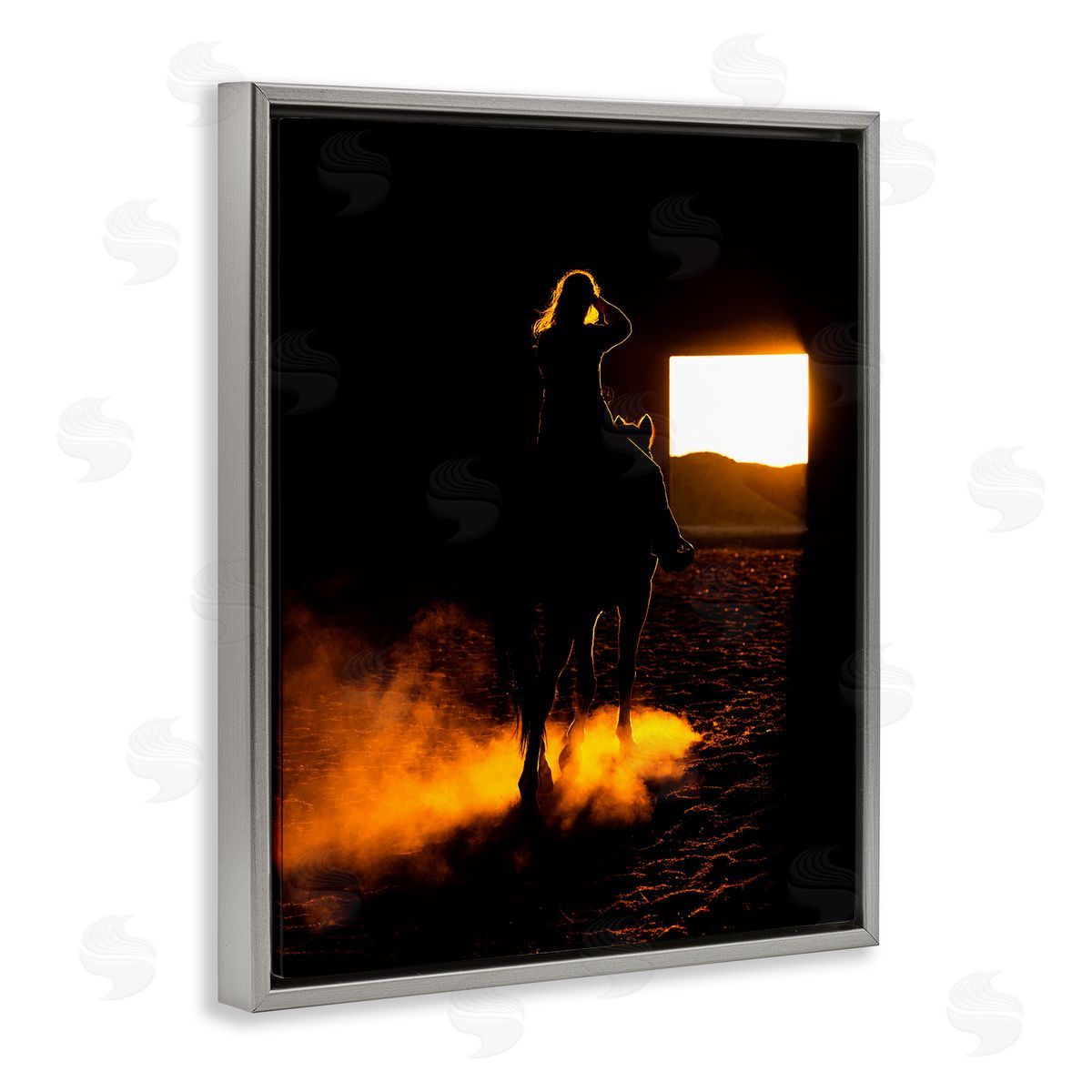 Steve Smith Equestrian Horse Jockey Silhouette Vivid Light Flare Gray Floating Frame Canvas Wall Art Print