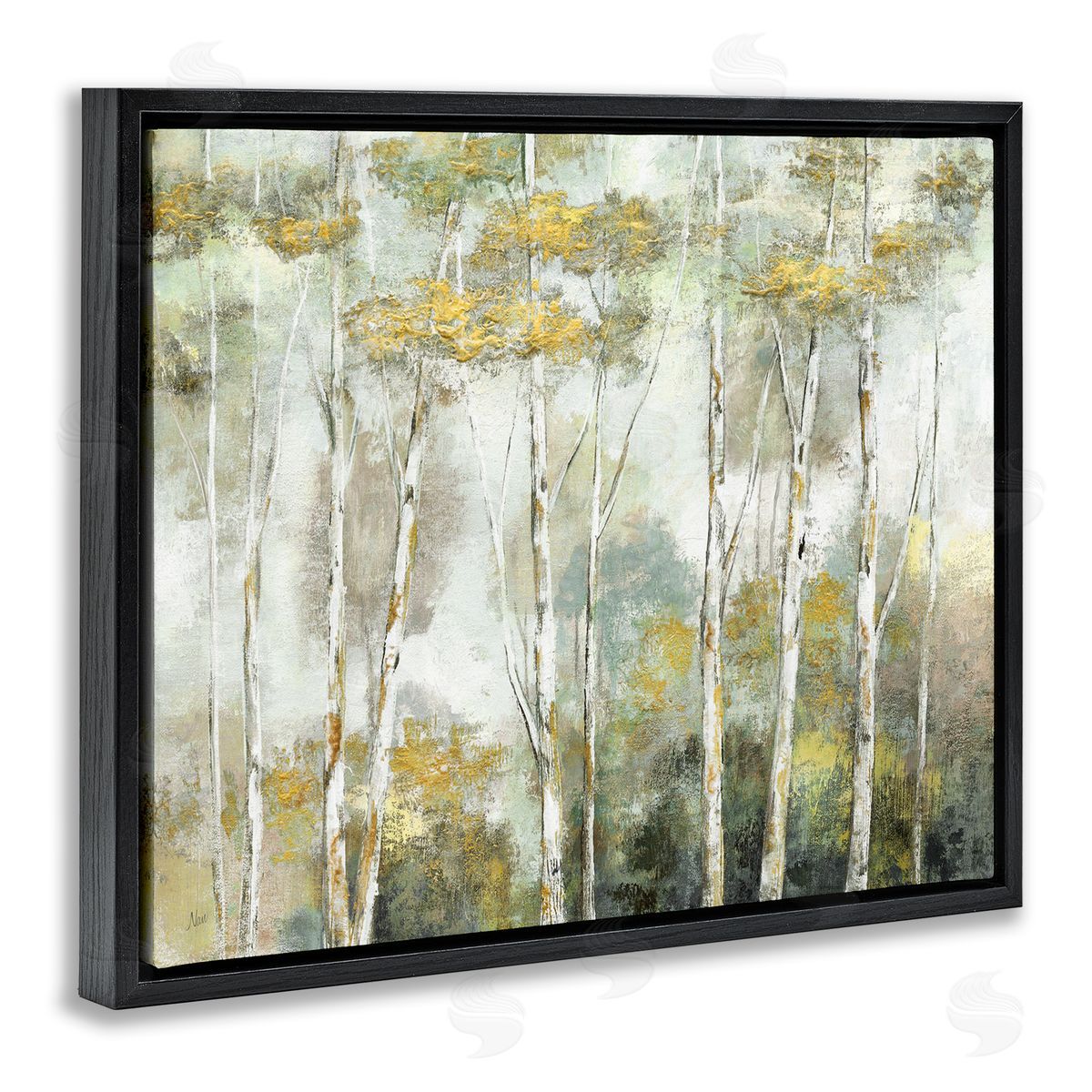 Nan Birch Tree Forest Yellow Foliage Woodland Painting Black Floating Frame Canvas Wall Art Print