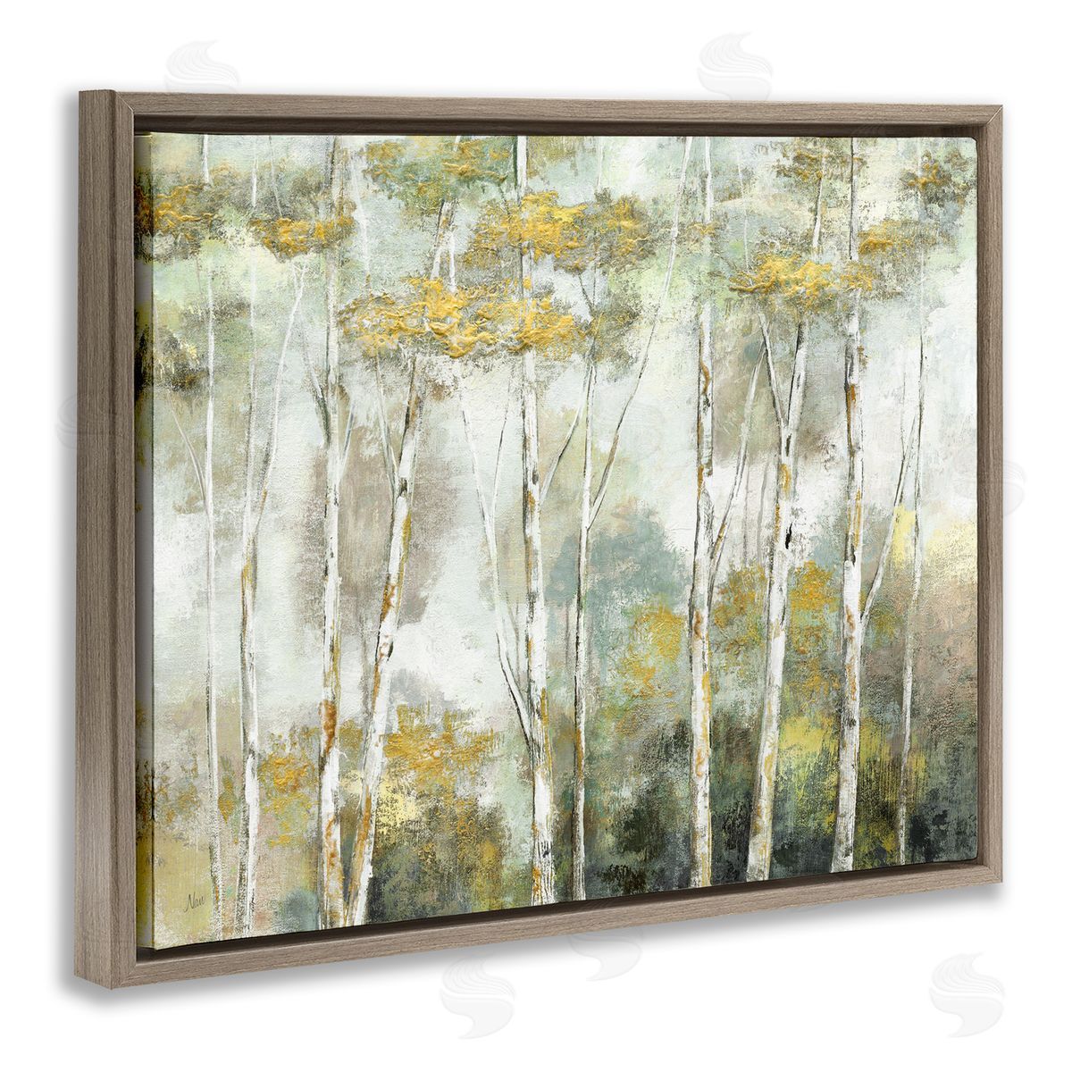 Nan Birch Tree Forest Yellow Foliage Woodland Painting Brown Floating Frame Canvas Wall Art Print