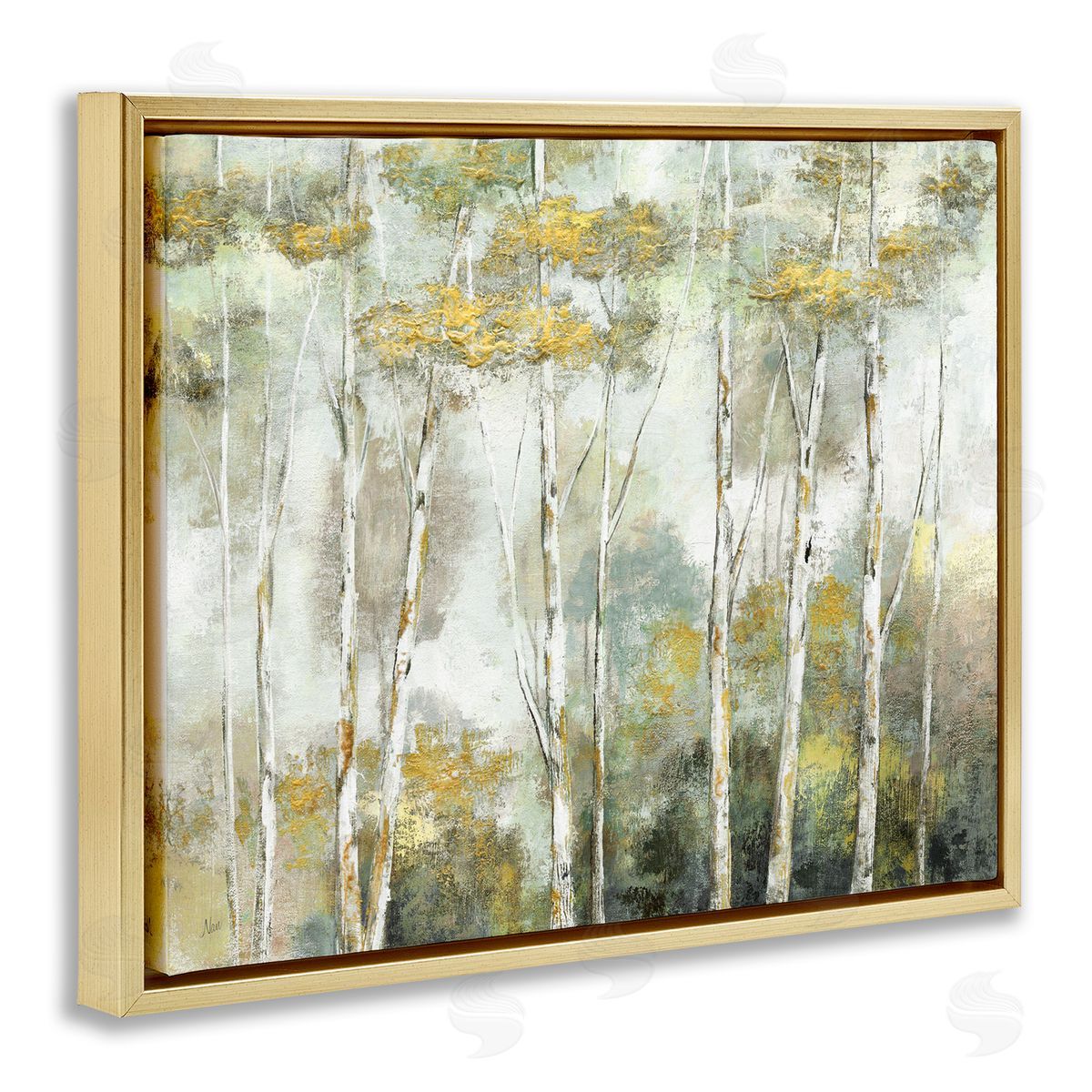 Nan Birch Tree Forest Yellow Foliage Woodland Painting Gold Floating Frame Canvas Wall Art Print