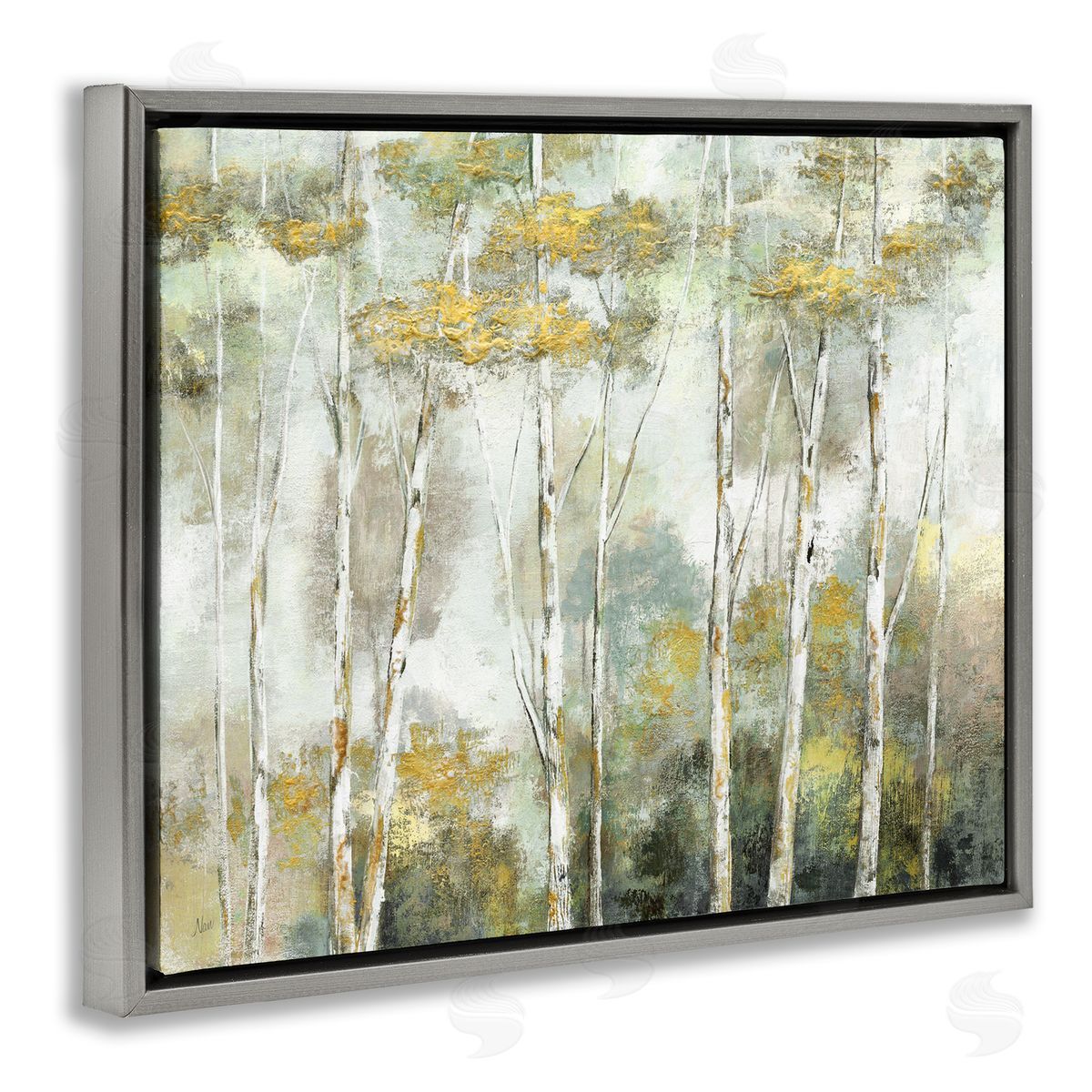 Nan Birch Tree Forest Yellow Foliage Woodland Painting Gray Floating Frame Canvas Wall Art Print