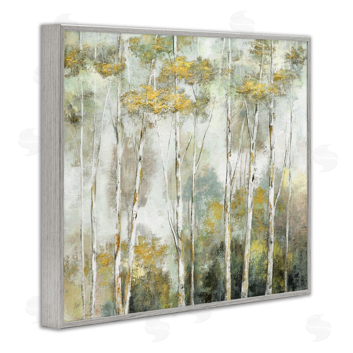 Nan Birch Tree Forest Yellow Foliage Woodland Painting Gray Framed Giclee Wall Art Print