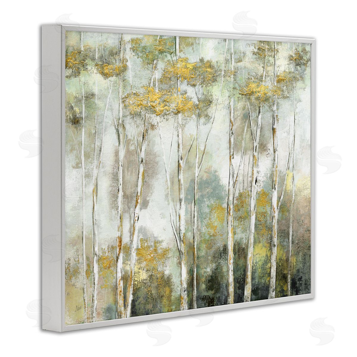 Nan Birch Tree Forest Yellow Foliage Woodland Painting White Framed Giclee Wall Art Print