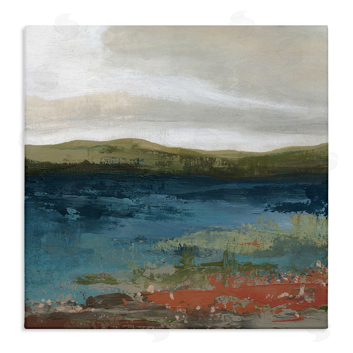 Carol Robinson Pond Shore Green Mountainous Scenery Modern Painting Stretched Canvas Wall Art Print