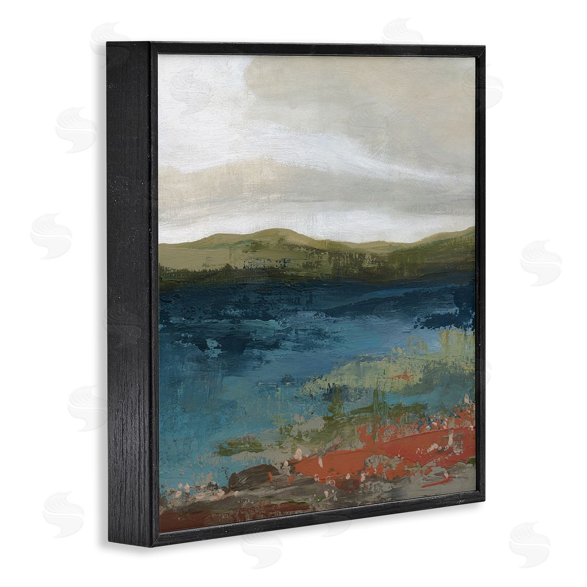 Carol Robinson Pond Shore Green Mountainous Scenery Modern Painting Black Framed Glicee Wall Art Print