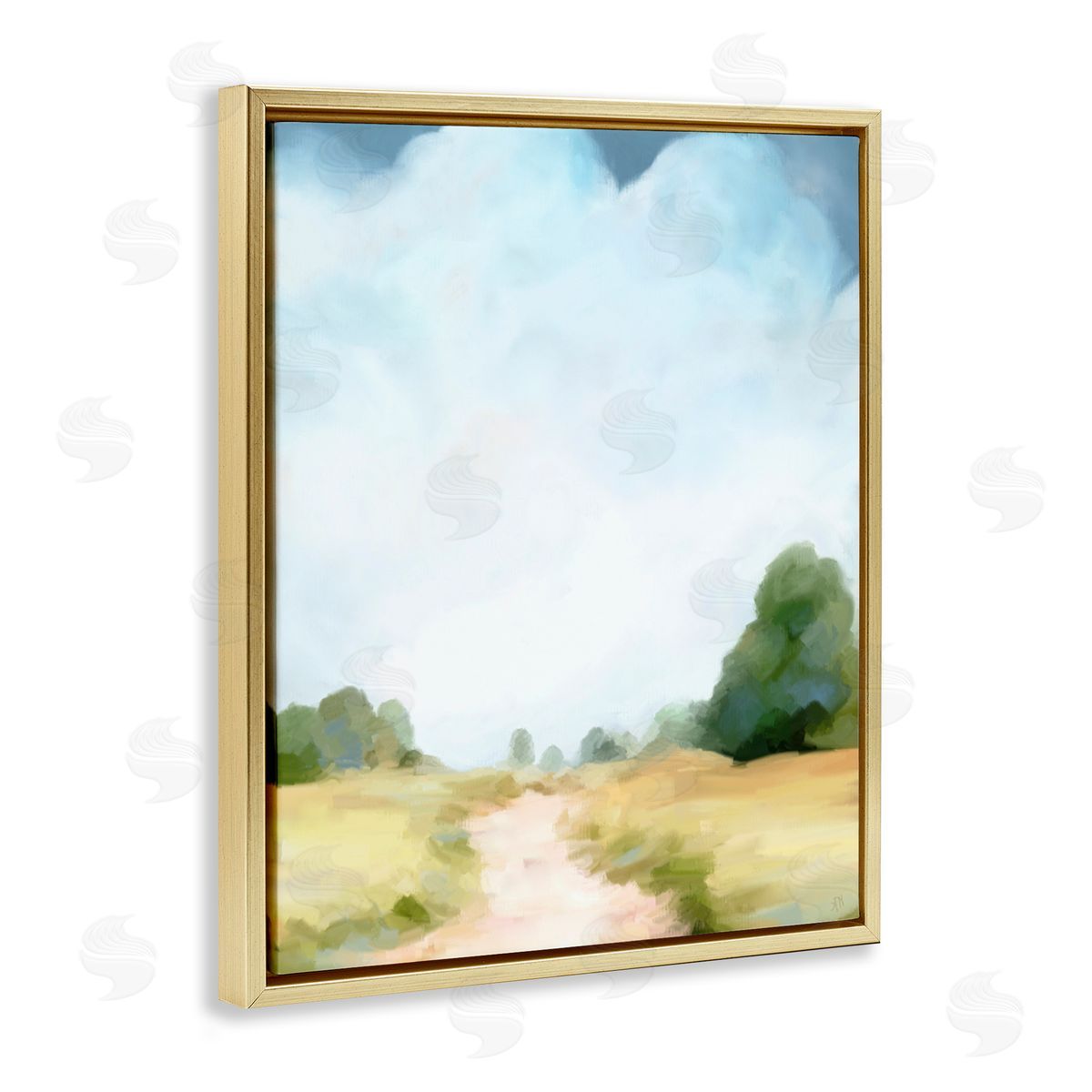 Amy Hall Rural Country Path Abstract Trees Puffy Clouds Gold Floating Frame Canvas Wall Art Print