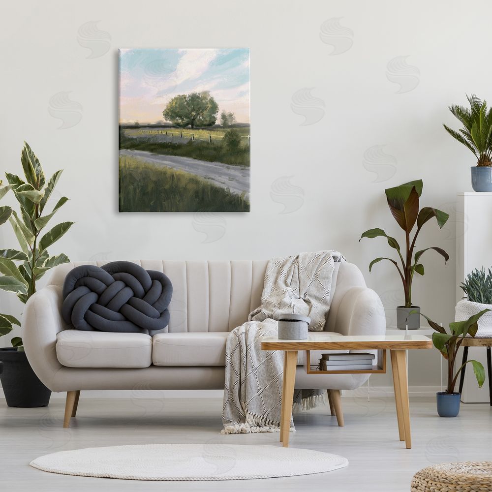 Ziwei Li Rural Grasslands Lone Country Tree Clear Sky Canvas Wall Art Print in Room