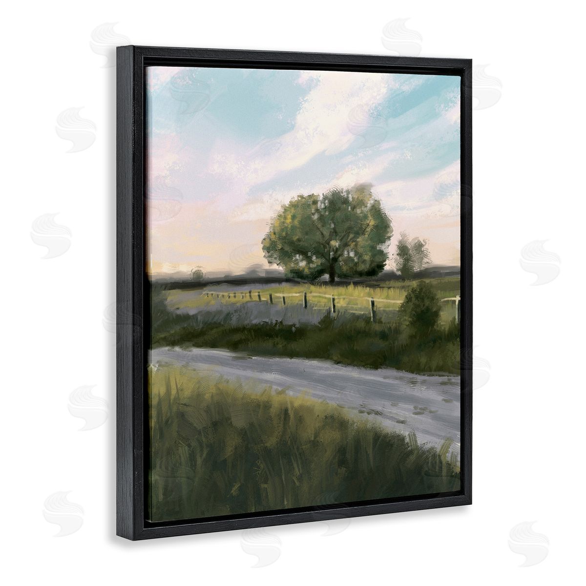 Ziwei Li Rural Grasslands Lone Country Tree Clear Sky Black Floating Frame Canvas Wall Art Print
