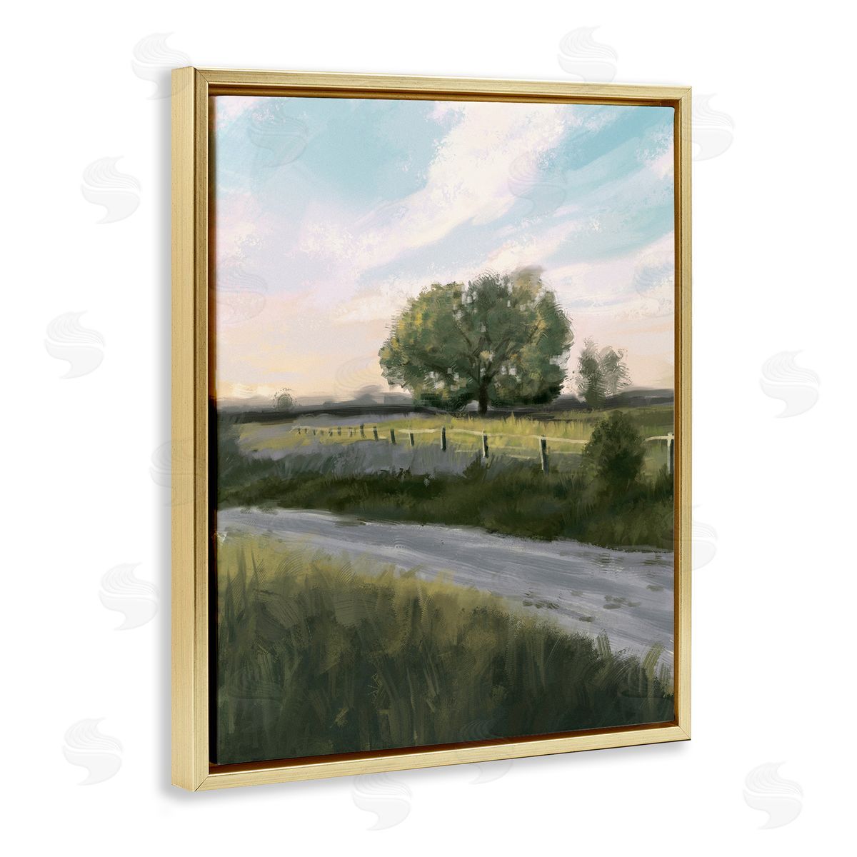 Ziwei Li Rural Grasslands Lone Country Tree Clear Sky Gold Floating Frame Canvas Wall Art Print