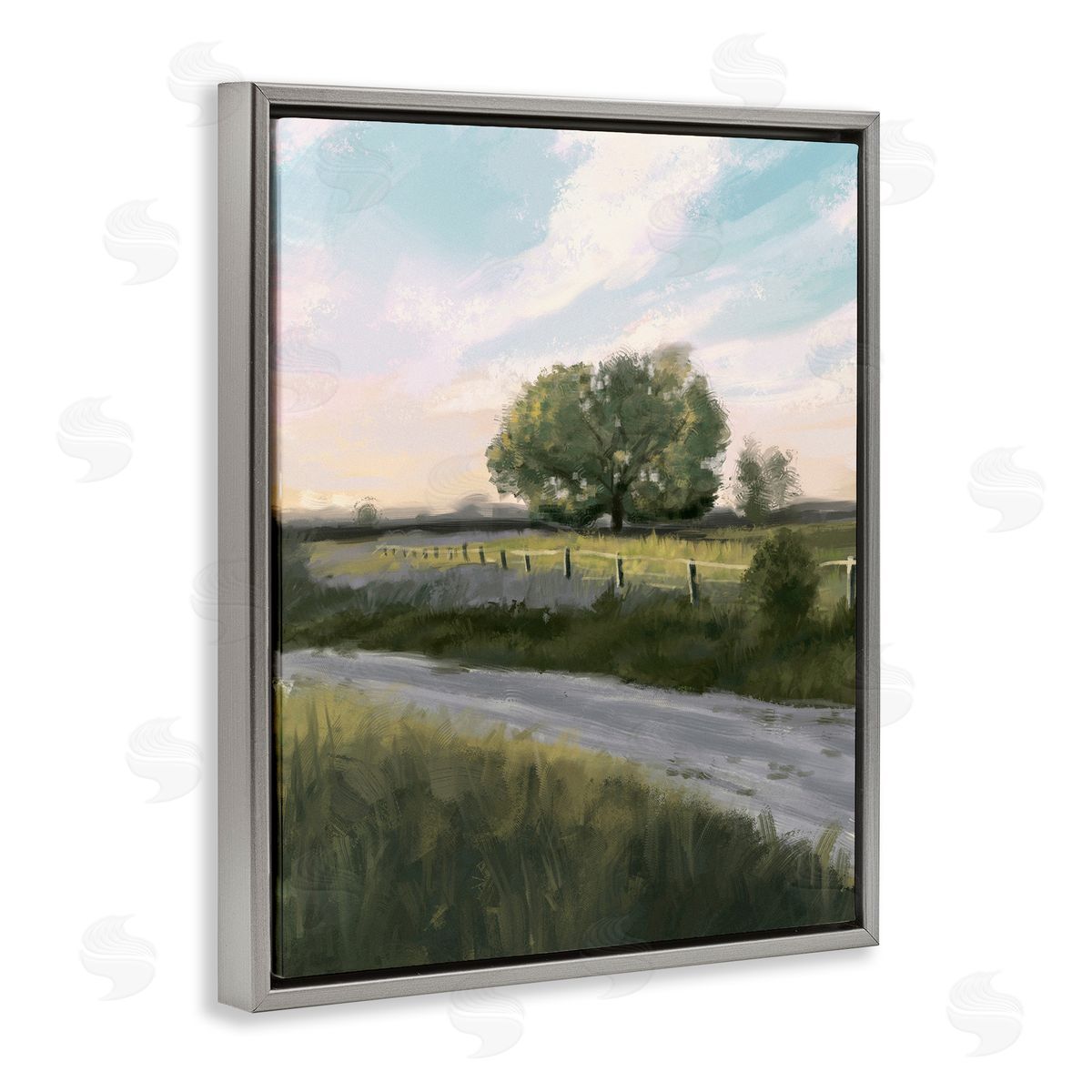 Ziwei Li Rural Grasslands Lone Country Tree Clear Sky Gray Floating Frame Canvas Wall Art Print