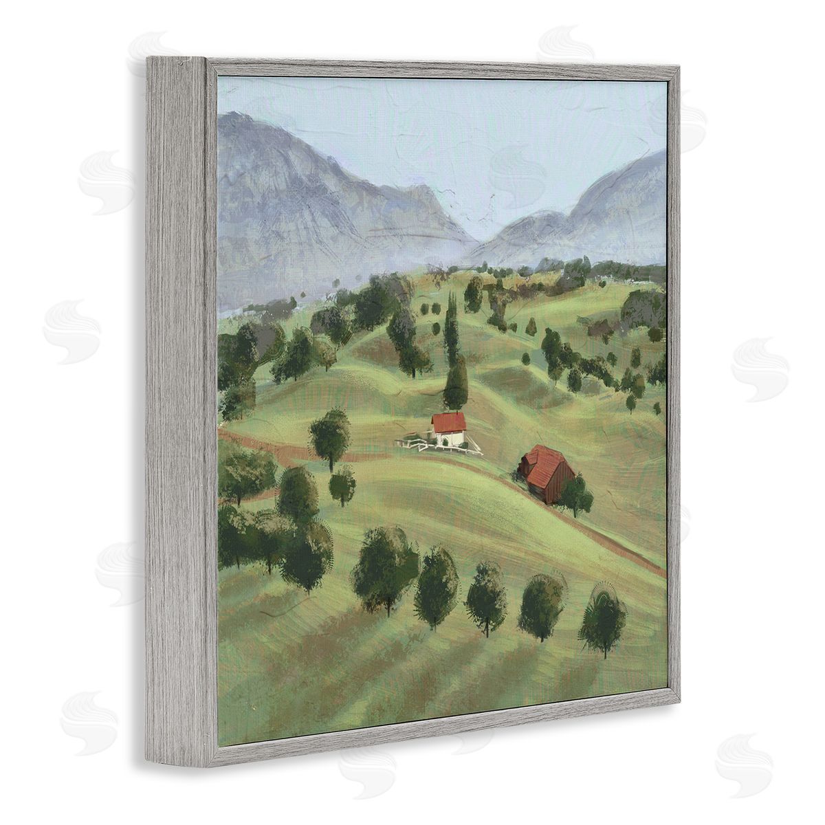 Ziwei Li Scenic Countryside Sloped Hills Distant Rural Cottages Gray Framed Glicee Wall Art Print