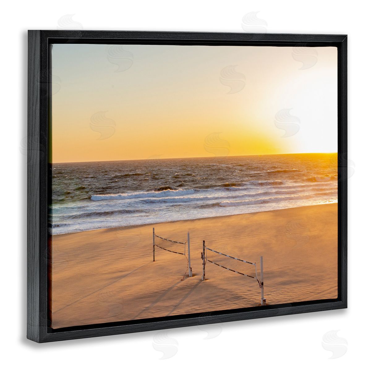 Jeff Poe Photography Radiant Sunset Beach Volleyball Nets Ocean Shoreline  Black Floating Frame Canvas Wall Art Print