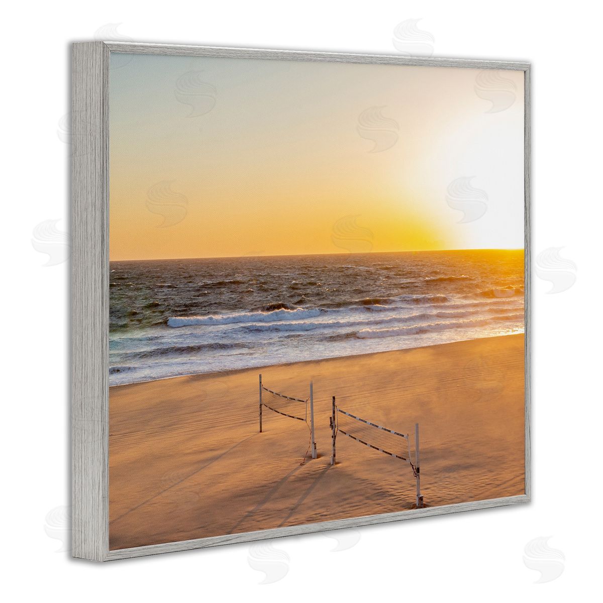 Jeff Poe Photography Radiant Sunset Beach Volleyball Nets Ocean Shoreline  Gray Framed Giclee Wall Art Print