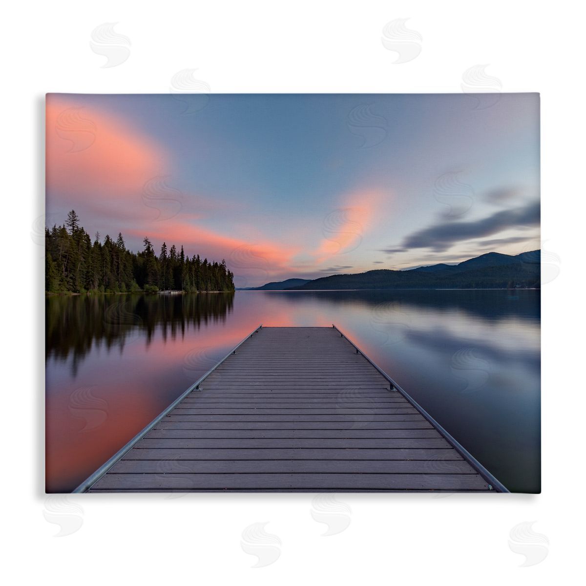 Jeff Poe Photography Serene Lake Dock Quiet Pink Sunrise Reflection Stretched Canvas Wall Art Print