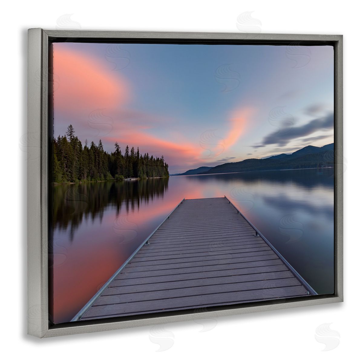Jeff Poe Photography Serene Lake Dock Quiet Pink Sunrise Reflection Gray Floating Frame Canvas Wall Art Print