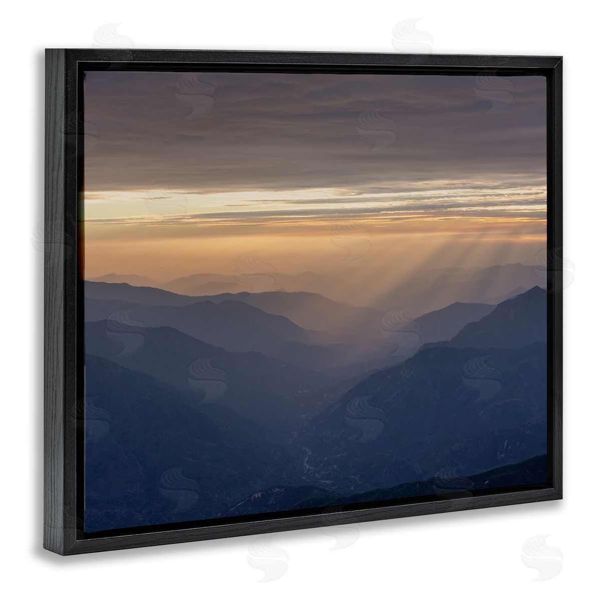 Jeff Poe Photography Sun Rays Peeking Through Clouds Mountain Peaks Black Floating Frame Canvas Wall Art Print
