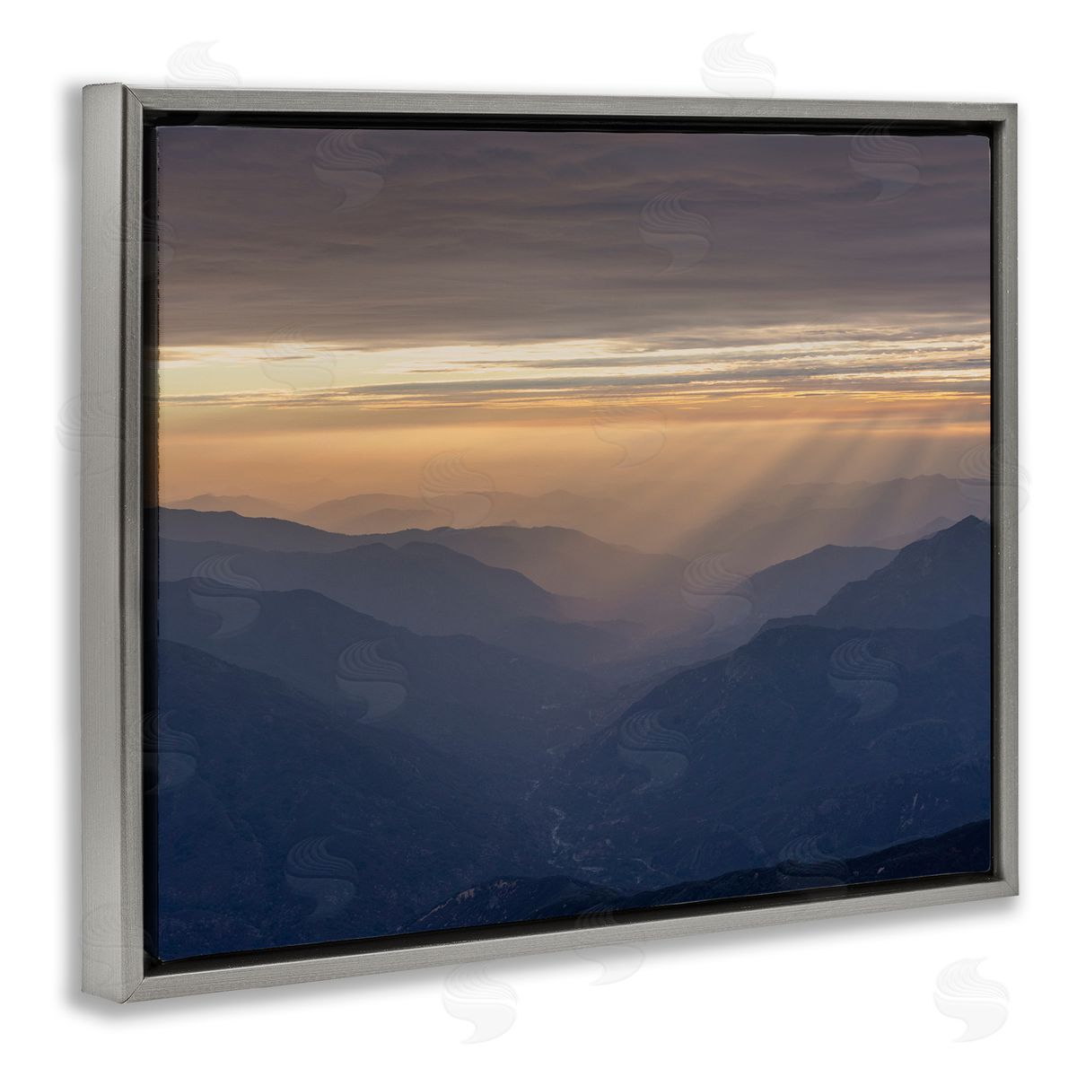 Jeff Poe Photography Sun Rays Peeking Through Clouds Mountain Peaks Gray Floating Frame Canvas Wall Art Print