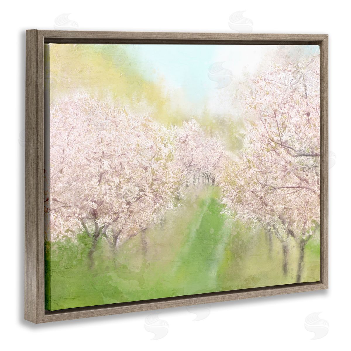 Kim Allen Spring Cherry Blossom Orchard Grove Pink Petals  Brown Floating Frame Canvas Wall Art Print