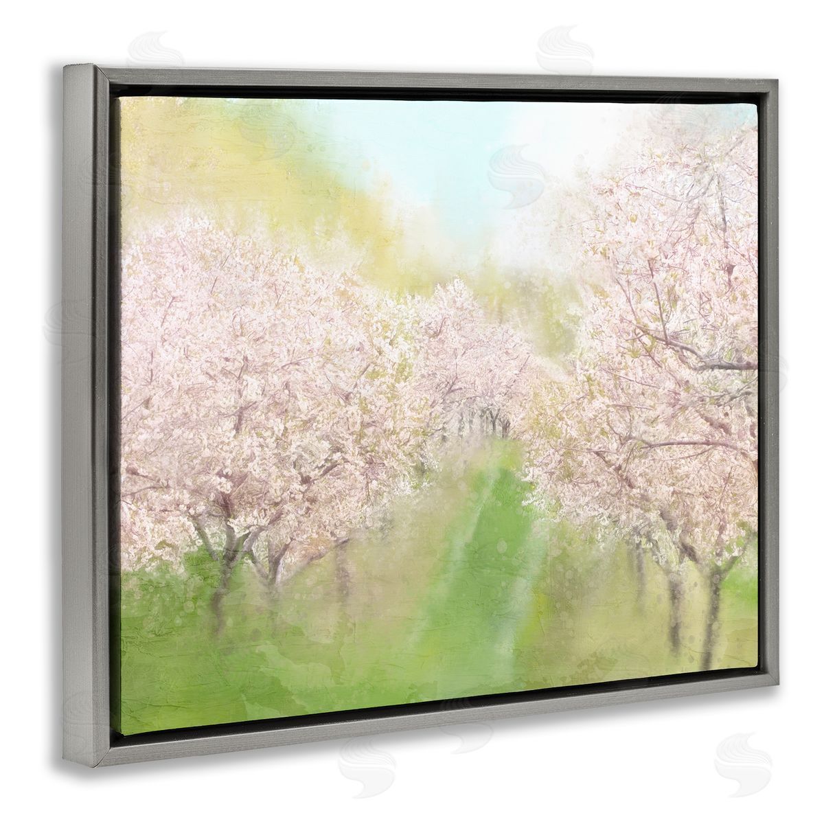Kim Allen Spring Cherry Blossom Orchard Grove Pink Petals  Gray Floating Frame Canvas Wall Art Print